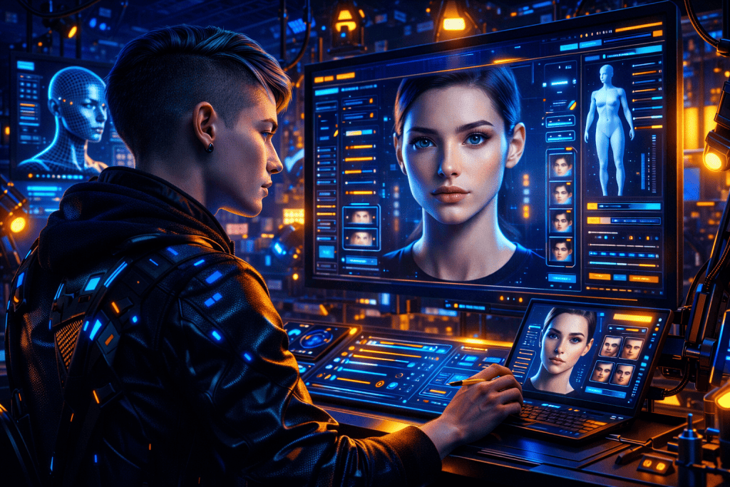 3D artist customizing lifelike digital face in real-time character creation interface