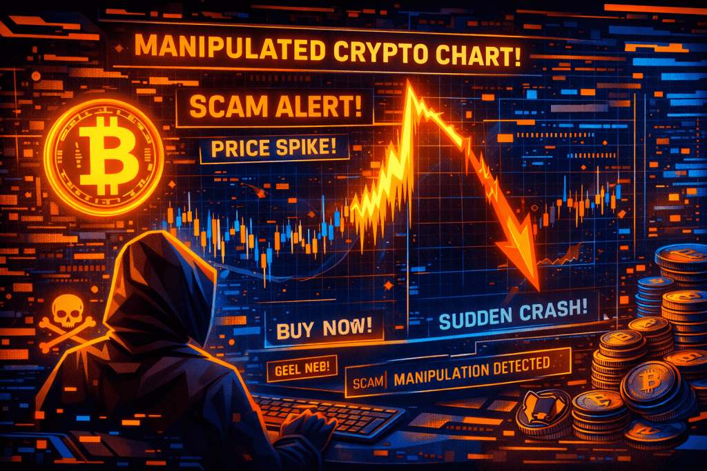 Cryptocurrency chart manipulated by scammers, sharp price spike and sudden crash visualization