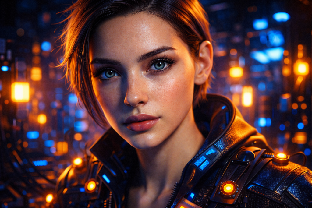 Detailed digital character close-up highlighting realistic skin, hair, and expressive facial features