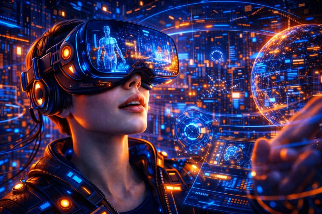 Futuristic Augmented Reality and Virtual Reality scene with headset, holograms, and immersive digital world