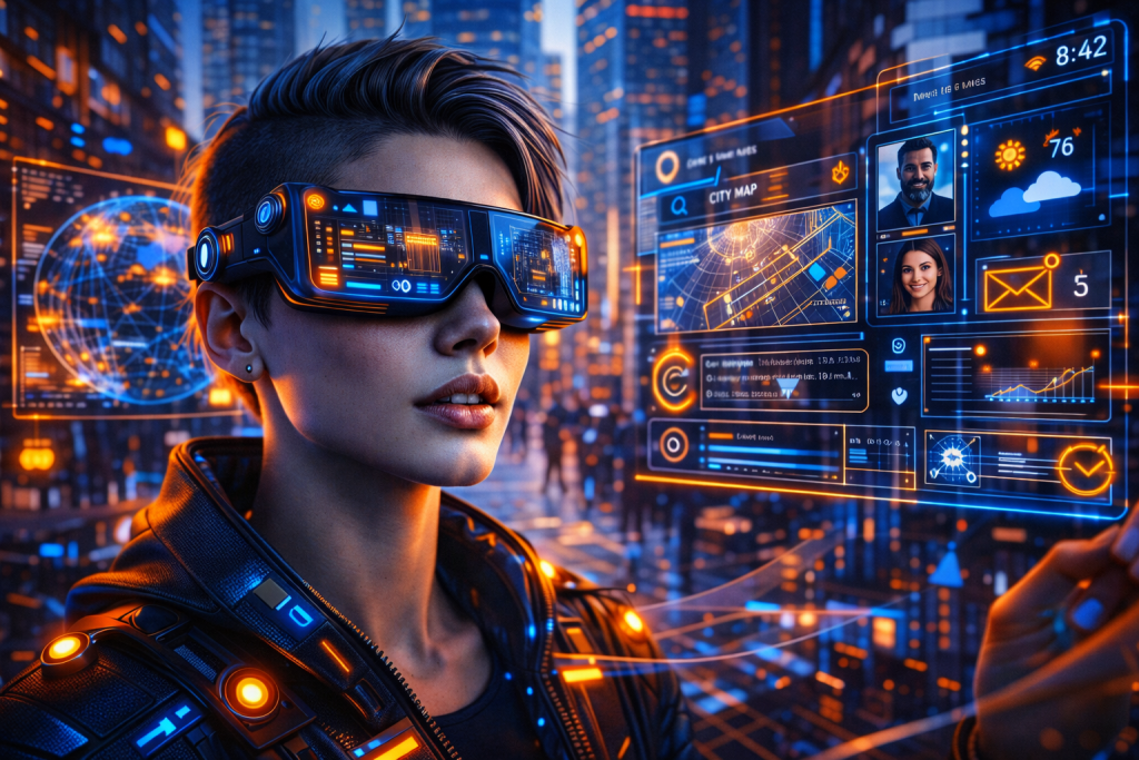 Person using augmented reality glasses with floating interface in modern urban environment