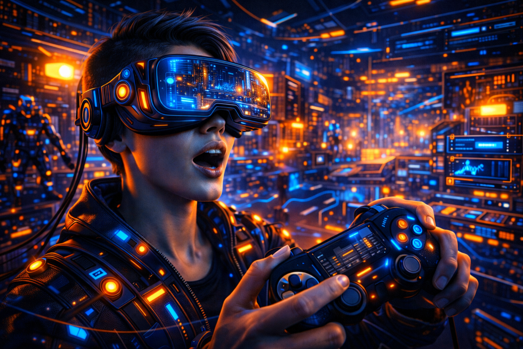 Gamer immersed in virtual reality headset, vivid simulation room, intense futuristic atmosphere