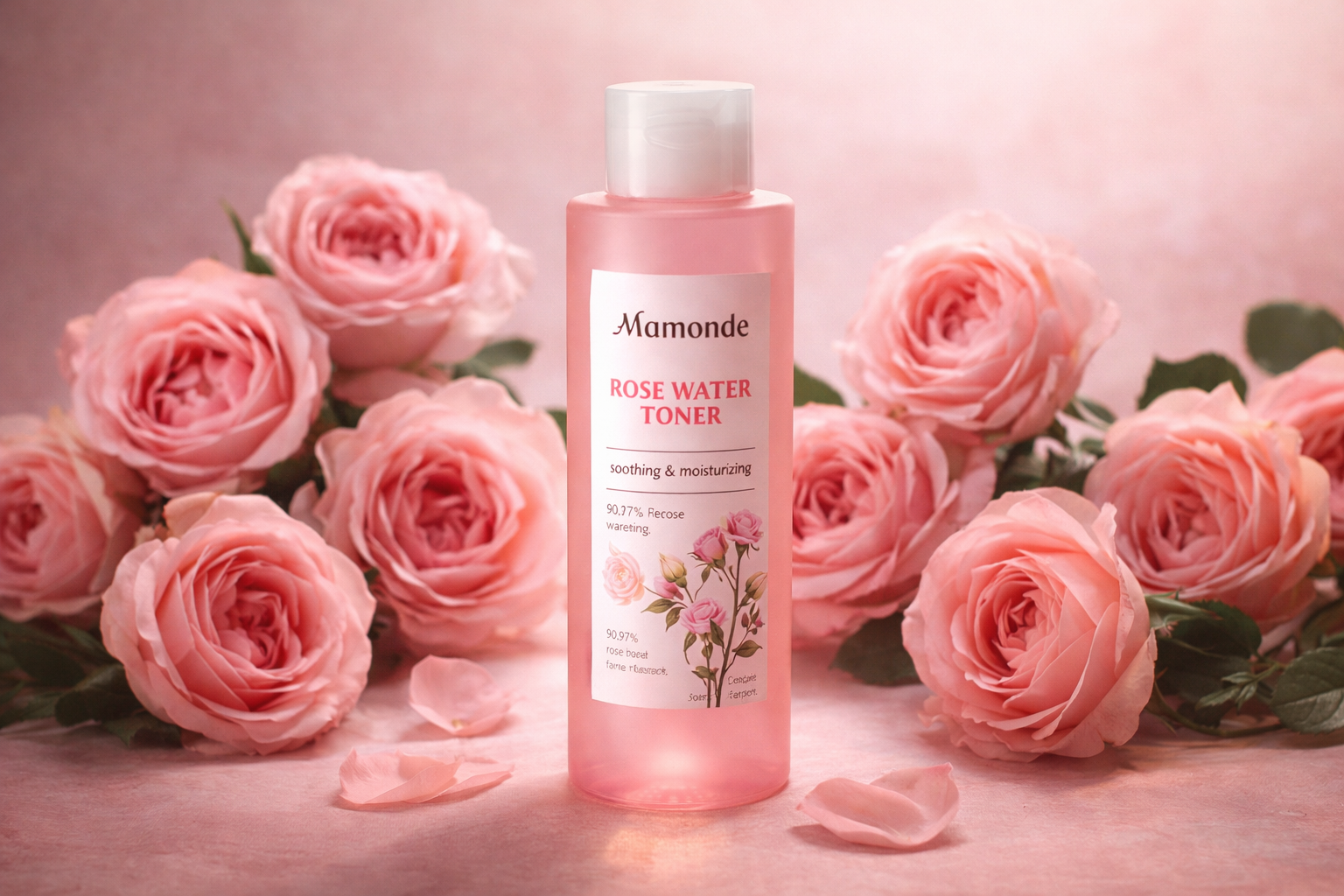 Mamonde Rose Water Toner beside fresh pink roses, soft lighting, elegant skincare review aesthetic