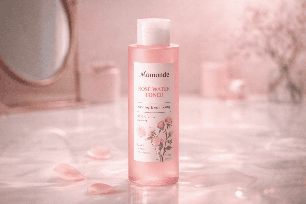 Minimalist pink Mamonde toner bottle on vanity, highlighting sleek packaging and delicate floral theme
