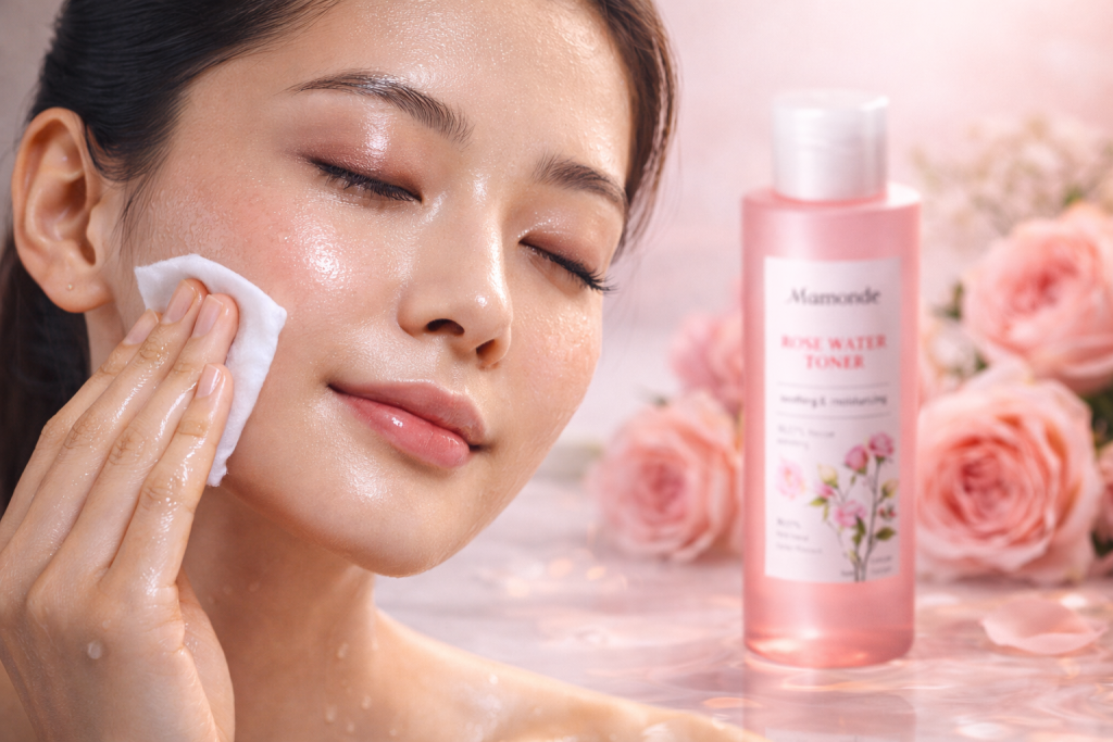 Refreshing rose water toner applied to glowing skin, emphasizing soothing hydration and gentle care
