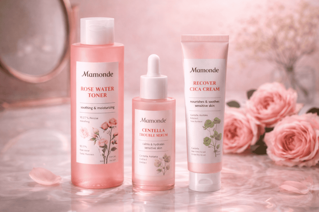 Skincare routine setup with Mamonde toner, serum, and moisturizer for sensitive skin nourishment