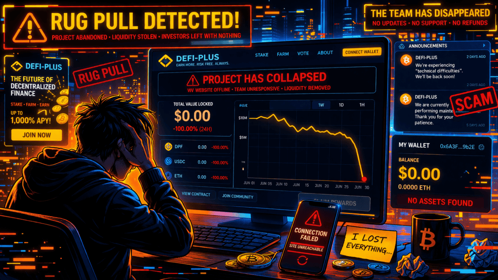 Fake DeFi project collapsing after rug pull, shocked investor facing empty crypto dashboard