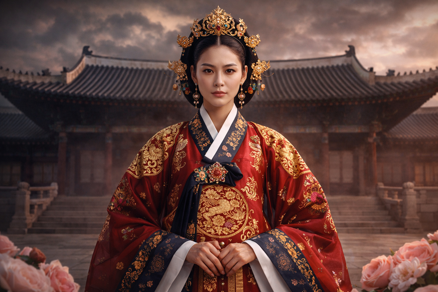 Powerful Korean queen in royal hanbok, palace backdrop, dramatic historical drama atmosphere