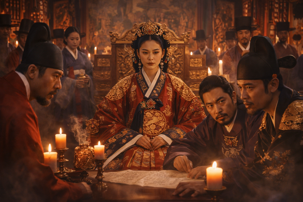 Tense royal court scene with nobles plotting, candlelight, and intense political intrigue