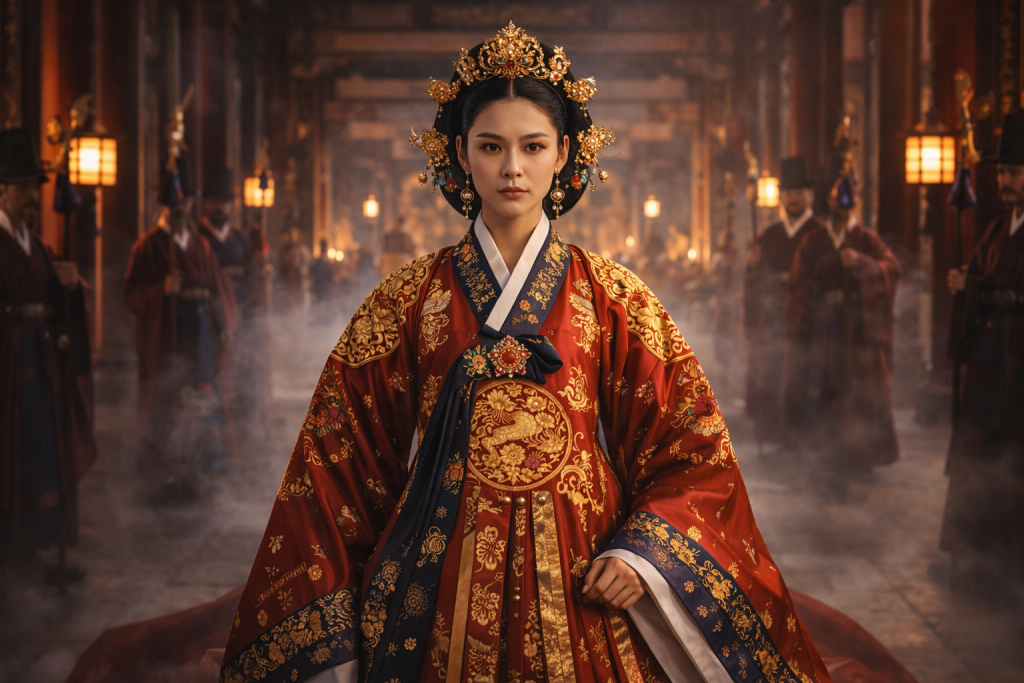 Determined empress walking through grand palace corridor, elegant hanbok, cinematic lighting