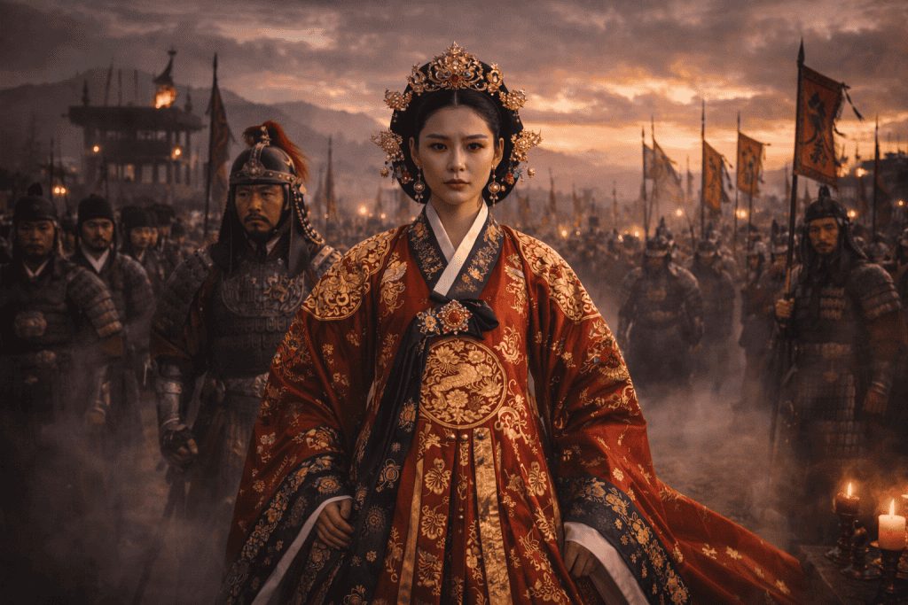 Historical battle preparation scene with queen, armored soldiers, and moody dawn sky