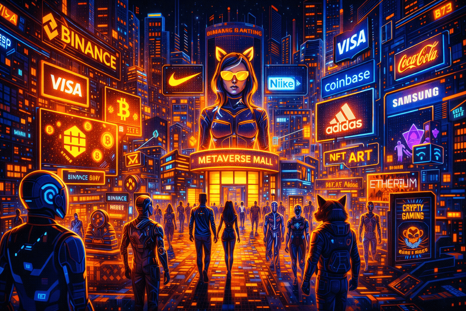 Futuristic metaverse city with glowing brand billboards, avatars, and immersive digital marketing atmosphere