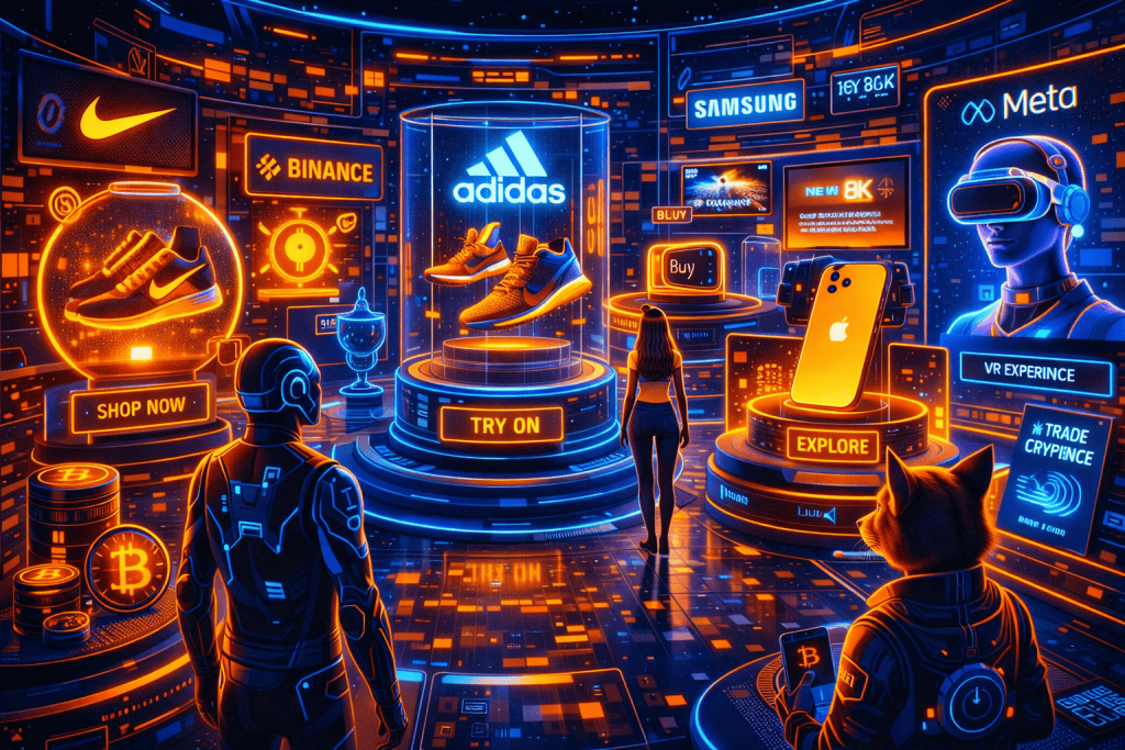 Virtual brand showroom with interactive products, sleek 3D design, and engaged digital avatars