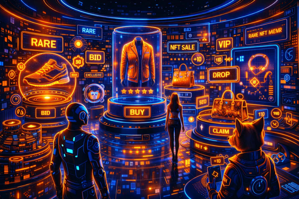 Luxury NFT fashion display in metaverse marketplace, vibrant lighting, premium futuristic branding scene