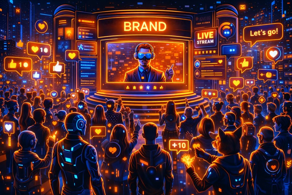 Crowded virtual event with branded stage, live interaction, avatars, and community engagement energy