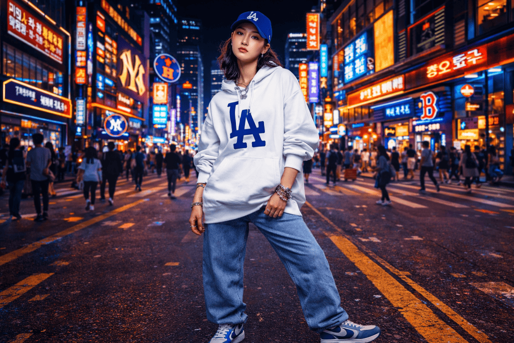 Stylish model wearing MLB Korea cap and oversized hoodie on vibrant city street