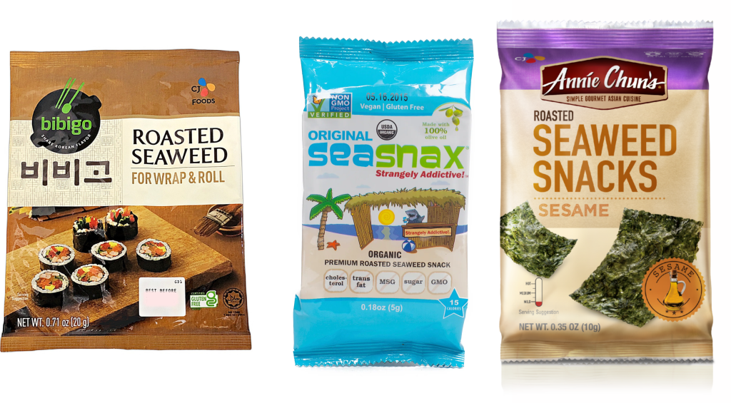 Bibigo Roasted Seaweed Snack, SeaSnax Roasted Seaweed and Annie Chun's Seaweed Snacks