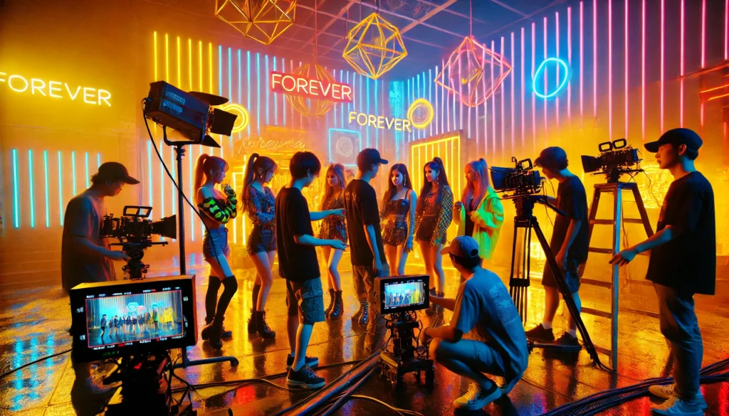 BabyMonster filming vibrant music video on neon-lit futuristic set.