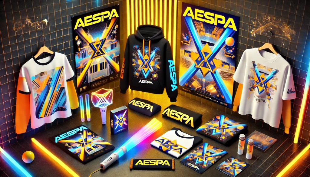 Aespa merchandise displayed in store.