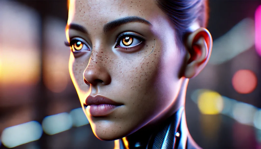 Realistic 3D-rendered metahuman with lifelike features, detailed skin, and expressive eyes.