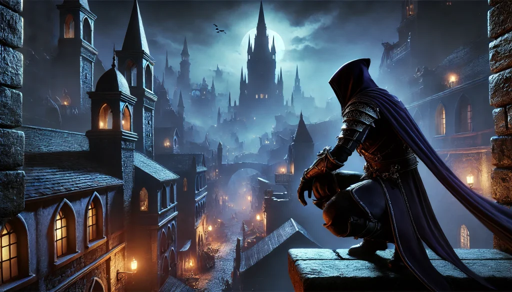 Dragon Age: The Veilguard features hooded figure in dark cityscape.