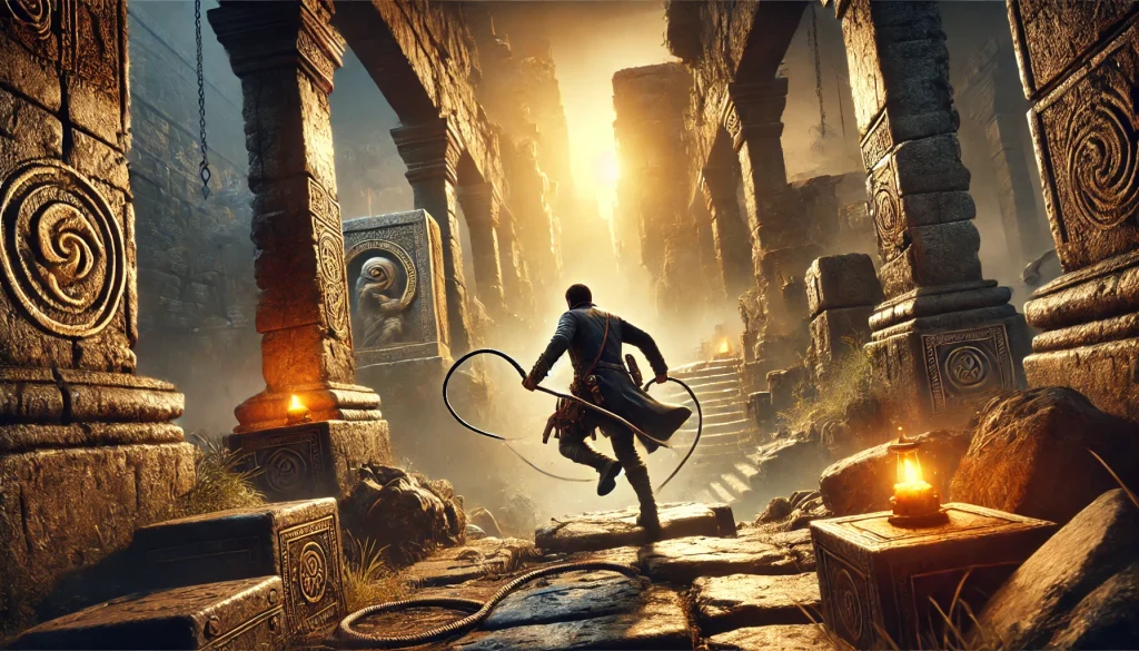 Iconic adventurer navigates ancient ruins with whip, set for 2024 release.