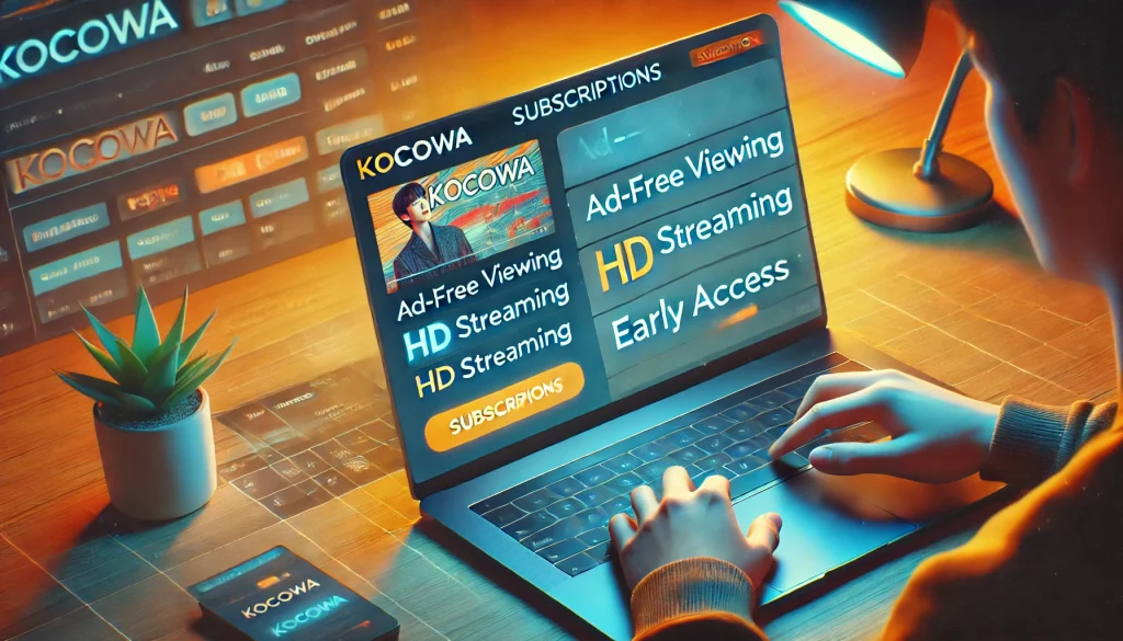 Person subscribing KOCOWA to on a laptop for ad-free viewing, HD streaming, and early access to K-drama content. 