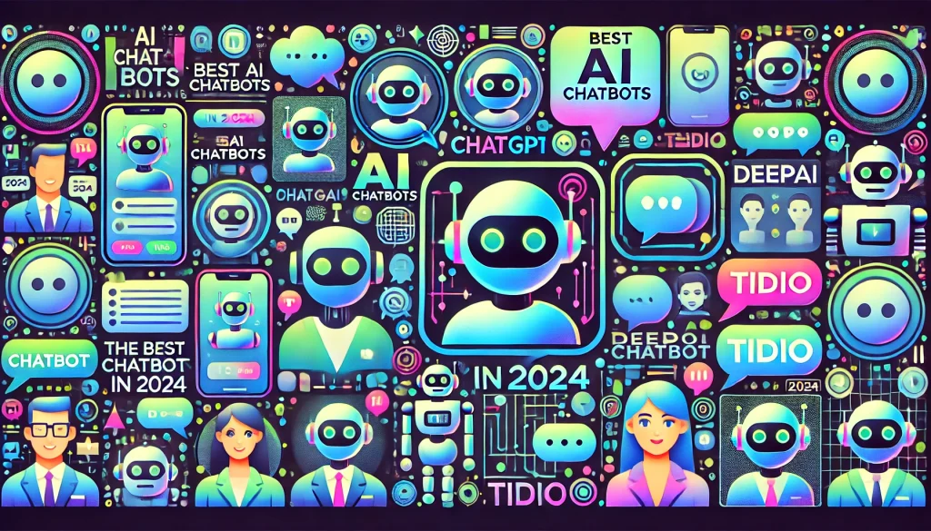 Illustration of 2024's best AI chatbots, featuring ChatGPT, DeepAI, Tidio, and others for use.