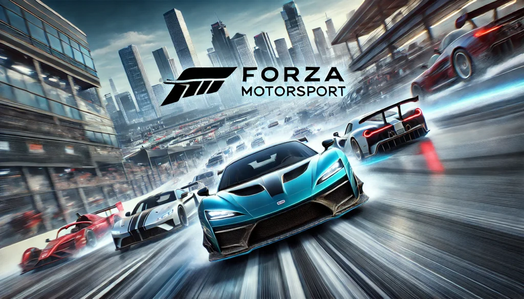 Forza Motorsport video game logo featuring sleek cars in a high-speed racing environment