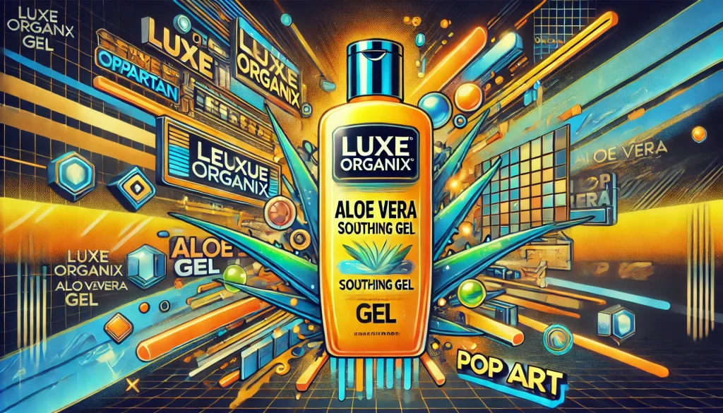 Luxe Organix Aloe Vera Gel, yellow-orange, blue, cyberpunk pop style.