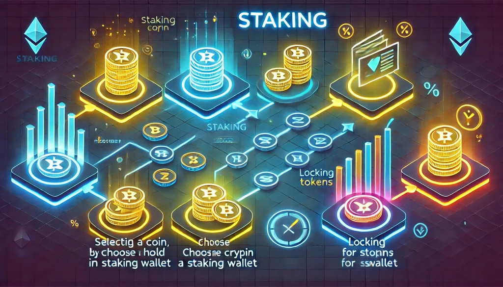 Staking crypto earning rewards by holding cryptocurrency in a wallet.