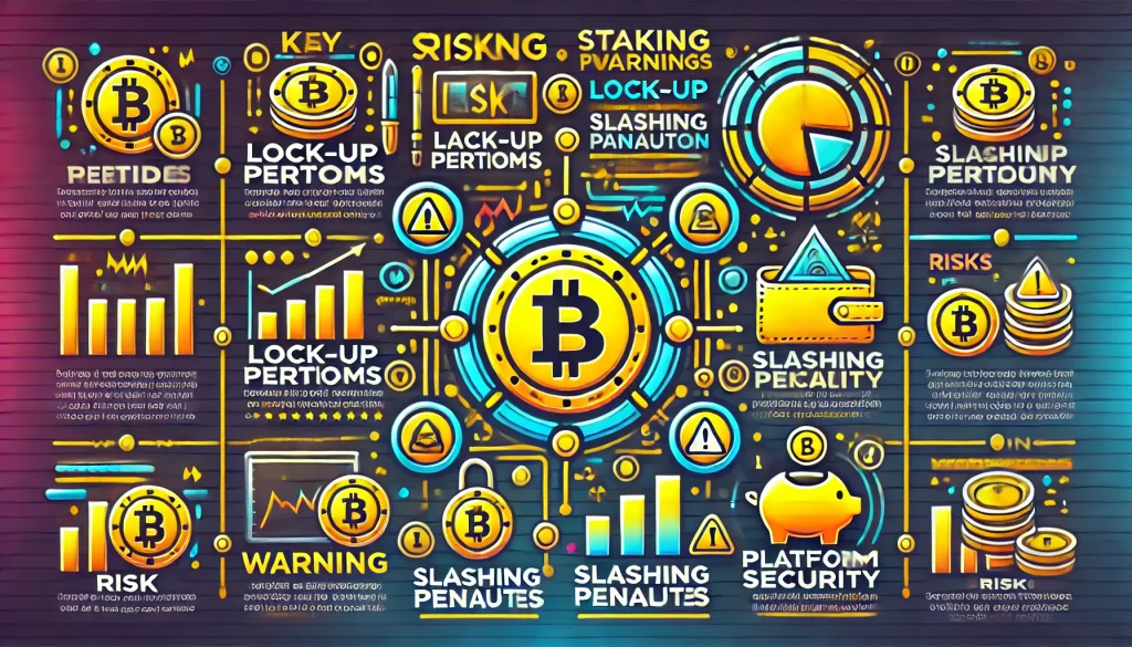 Key tips for staking crypto risks include lock-up, slashing, security, diversification.