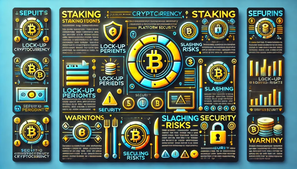 Tips and warnings for staking crypto include lock-up, slashing risks, security.