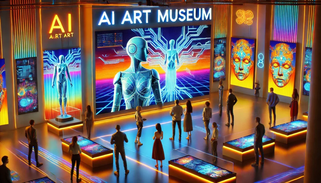 Visitors admire AI-generated artwork at the AI Art Museum's grand unveiling.