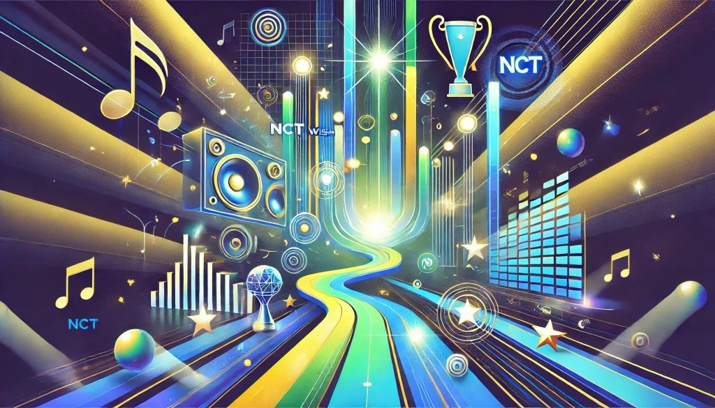 Vibrant NCT-themed music pathway with speakers, trophies, and musical notes.