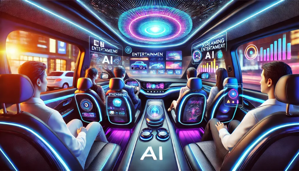 Passengers enjoying immersive entertainment in a self-driving car powered by advanced AI technology.