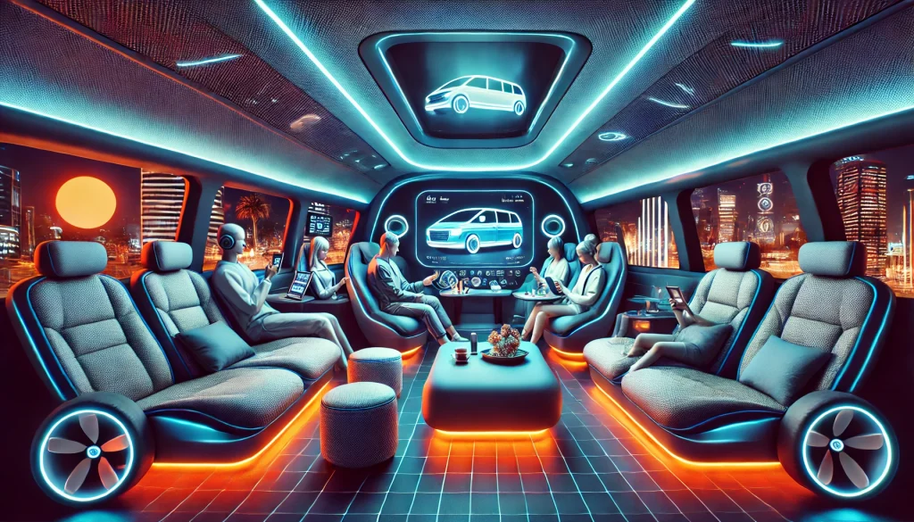 Passengers enjoying entertainment in a self-driving car, transforming travel into a mobile living room.