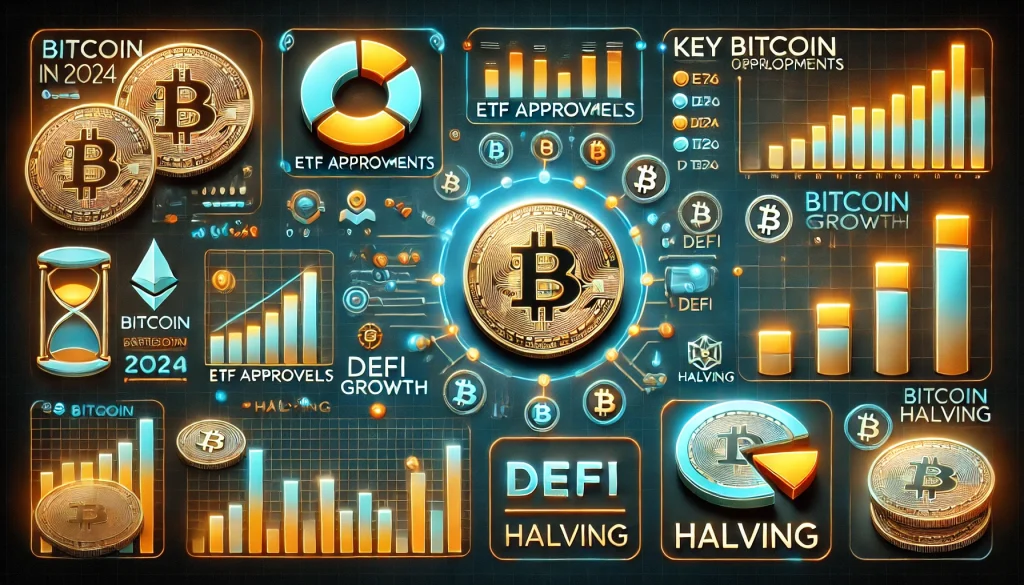 Representation of key Bitcoin developments in 2024, ETF approvals, DeFi growth, and upcoming halving.