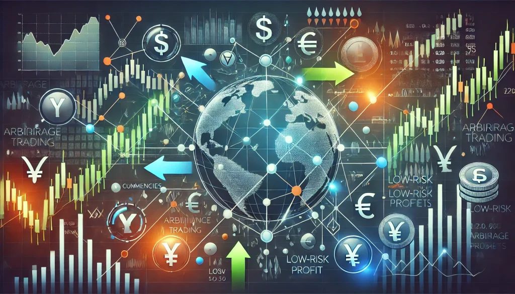 Illustration showing arbitrage trading process across multiple markets for low-risk profit opportunities.