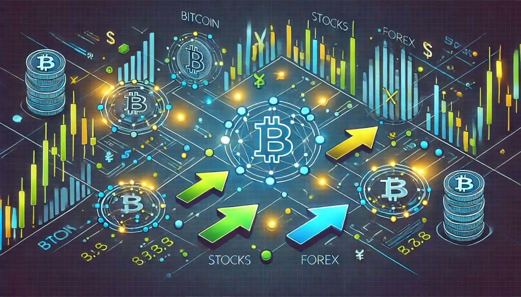 Illustration of arbitrage trading across crypto, stocks, and Forex markets, highlighting execution precision and insights.