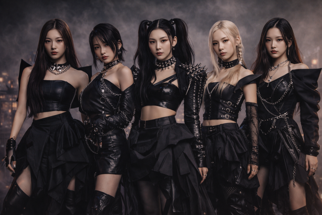 Avant-garde K-pop styling with dramatic silhouettes, edgy accessories, and confident rebellious expressions