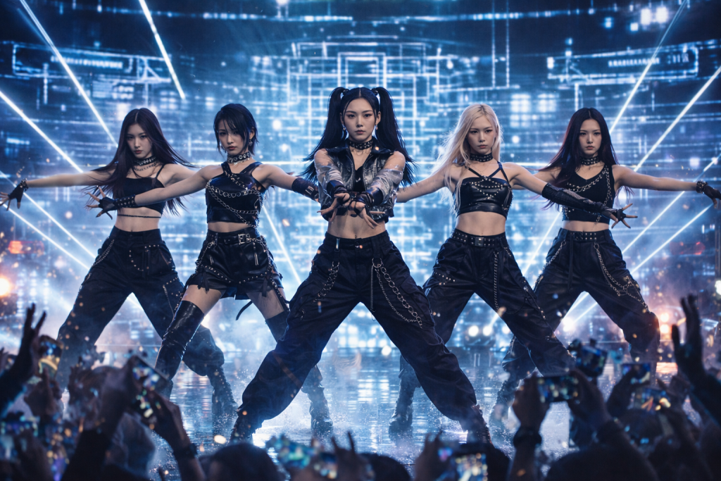 Futuristic girl group performance with sharp choreography, glowing lights, and intense stage presence