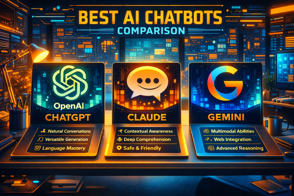 best AI chatbots comparison showing ChatGPT Claude Gemini features in modern digital workspace