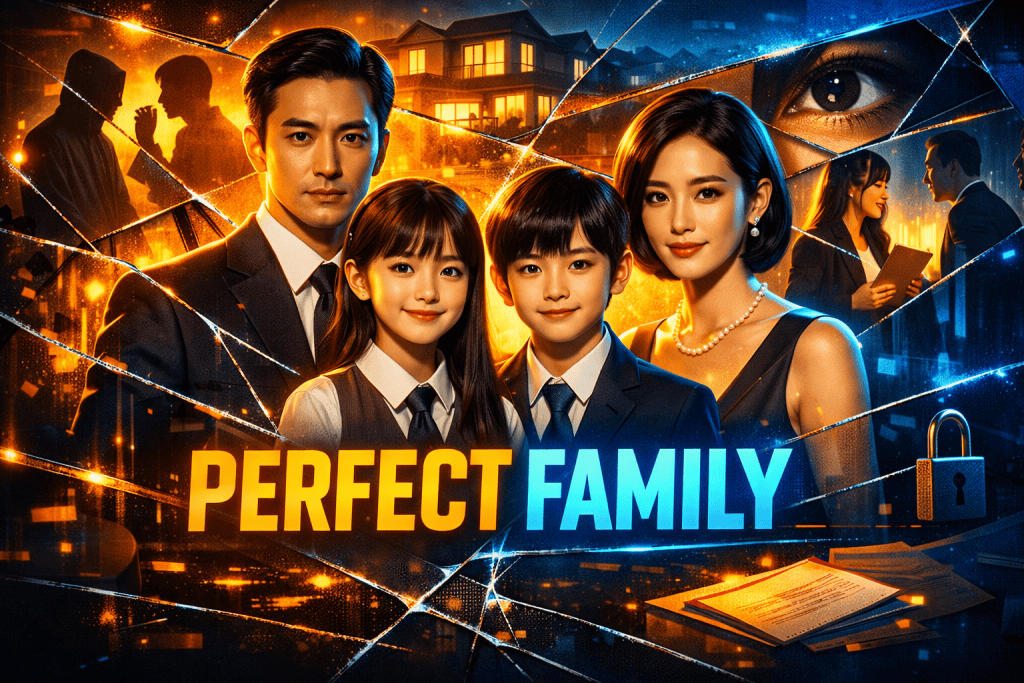 Generate an image: Perfect Family Kdrama review dark mystery thriller revealing secrets behind seemingly perfect family facade
