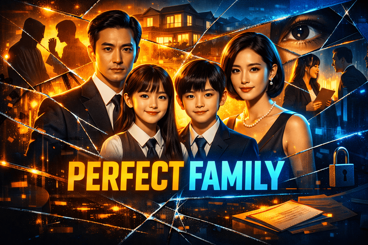 Generate an image: Perfect Family Kdrama review dark mystery thriller revealing secrets behind seemingly perfect family facade