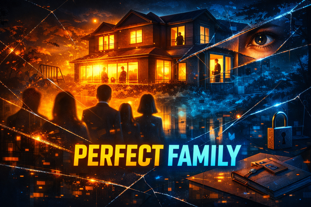 Generate an image: Perfect Family Kdrama review showcasing eerie family home atmosphere with suspenseful and psychological tension