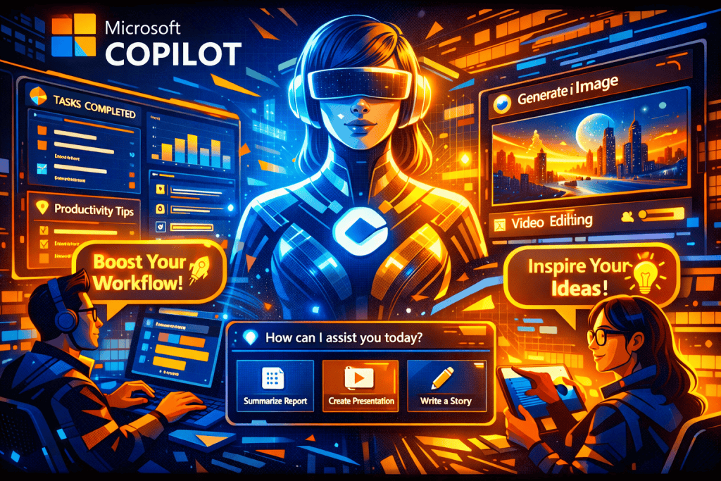 Microsoft Copilot review futuristic AI assistant interface boosting productivity across work and creativity