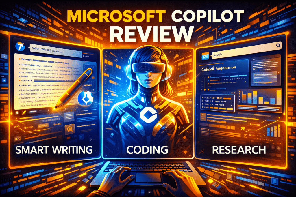 Microsoft Copilot review highlighting smart writing coding and research support in modern workflow