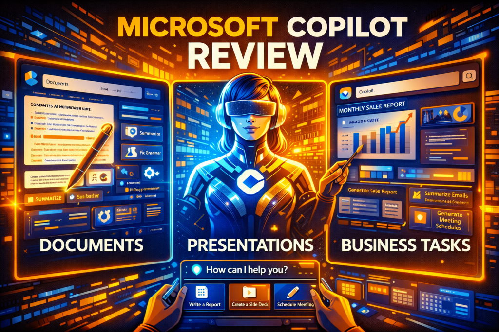 Microsoft Copilot review showcasing seamless AI integration across documents presentations and business tasks