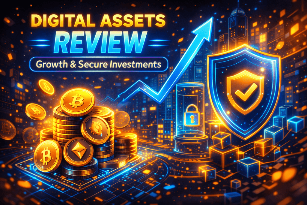 digital assets review futuristic finance ecosystem with tokens, blockchain growth, and secure investments